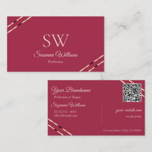 Bordeaux met roze gouden lijnen Monogram QR-code Visitekaartje