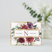 Bordeaux Monogram Floral Goud Bedankt Briefkaart (Staand voorkant)