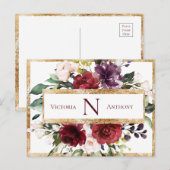 Bordeaux Monogram Floral Goud Bedankt Briefkaart (Voorkant / Achterkant)