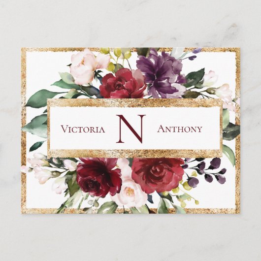 Bordeaux Monogram Floral Goud Bedankt Briefkaart (Voorkant)