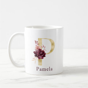 Bordeaux naam en roze bloemenmonogram letter P Koffiemok