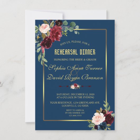 Bordeaux Navy Blauwe Bloemige Gouden Oefenavondmaa Kaart (Voorkant)