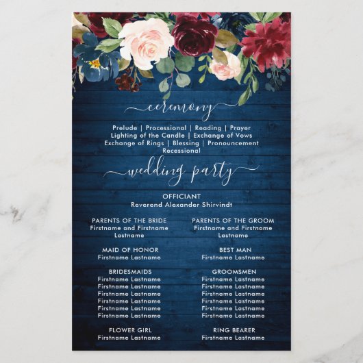 Bordeaux Navy Blauwe Blush Trouwceremonieprogramma (Achterkant)