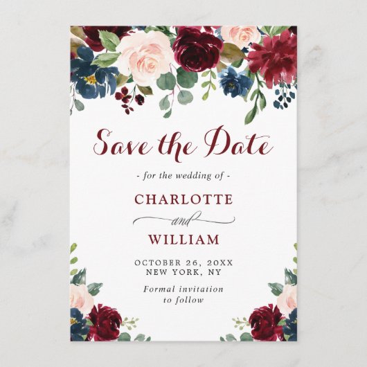Bordeaux Navy Blauwe Blush Waterverf Bloemen Bruil Save The Date (Voorkant)