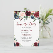 Bordeaux Navy Blauwe Blush Waterverf Bloemen Bruil Save The Date (Staand voorkant)