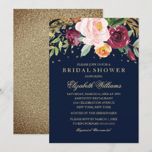 Bordeaux Navy Bloem Glitter Bruiloft Uitnodiging