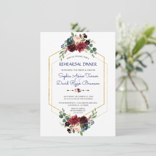 Bordeaux Navy Bloem Gouden Zeshoek Oefen Diner Kaart (Staand voorkant)