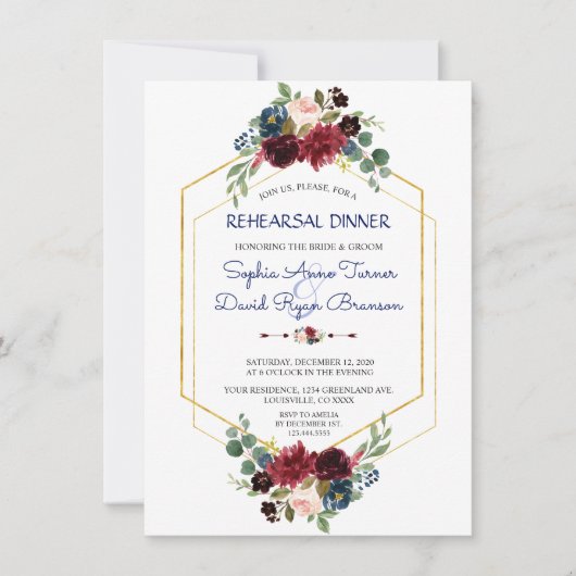 Bordeaux Navy Bloem Gouden Zeshoek Oefen Diner Kaart (Voorkant)