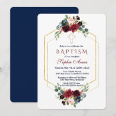 Bordeaux Navy Bloem Gouden Zeshoekige Frame Doop Kaart