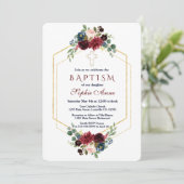 Bordeaux Navy Bloem Gouden Zeshoekige Frame Doop Kaart (Staand voorkant)