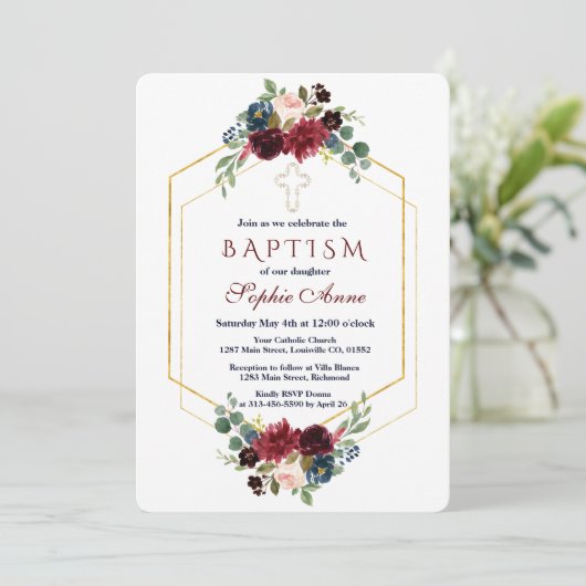 Bordeaux Navy Bloem Gouden Zeshoekige Frame Doop Kaart (Staand voorkant)