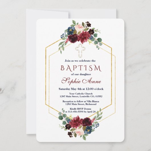 Bordeaux Navy Bloem Gouden Zeshoekige Frame Doop Kaart