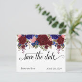 Bordeaux Navy Bloem Typografie Save The Date Aankondigingskaart (Staand voorkant)