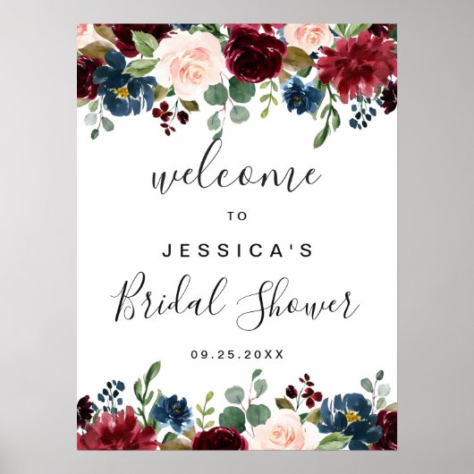 Bordeaux Navy Bloemen Bruiloft Aankondiging Bord Poster (Voorkant)