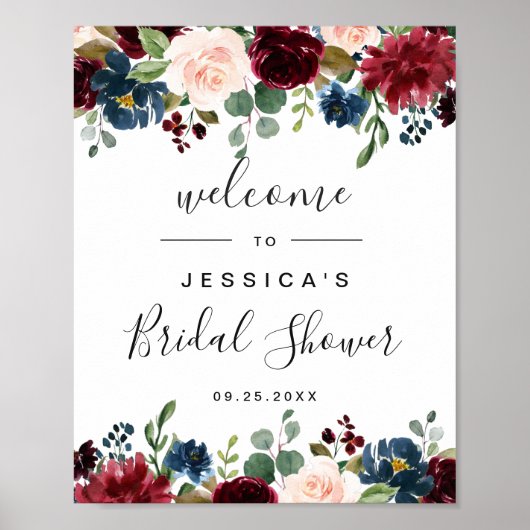 Bordeaux Navy Bloemen Bruiloft Welcome Bord Poster (Voorkant)