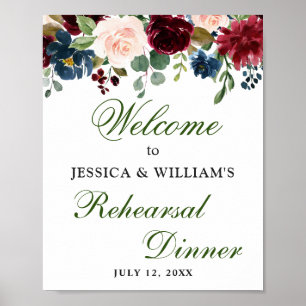 Bordeaux Navy Bloemen Rehearsal Dinner Bord Poster