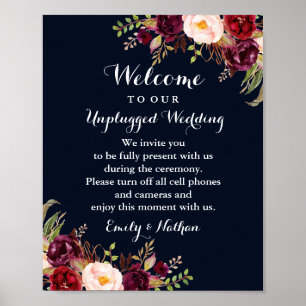 Bordeaux Navy Bloemen Unplugged Trouwbord Poster