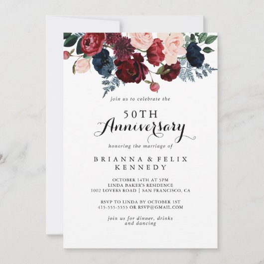 Bordeaux Navy Bloemige 50ste Huwelijksverjaardag  Kaart (Voorkant)