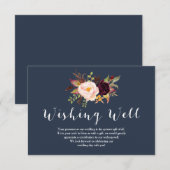 Bordeaux-navy bloemige wensput trouwkaart informatiekaartje (Voorkant / Achterkant)