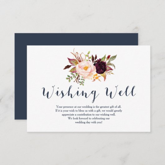 Bordeaux-navy bloemige wensput voor een bruiloft informatiekaartje (Voorkant / Achterkant)