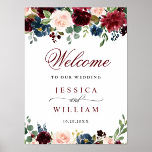 Bordeaux Navy Blush Bloemen Bruiloft Welkom Poster