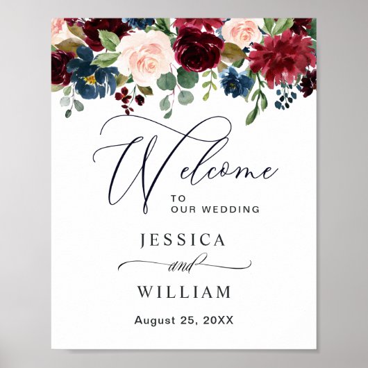 Bordeaux Navy Blush Bloemen Bruiloft Welkom Poster (Voorkant)