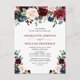 Bordeaux Navy Blush Bloemen Bruiloftsinvitatie Briefkaart