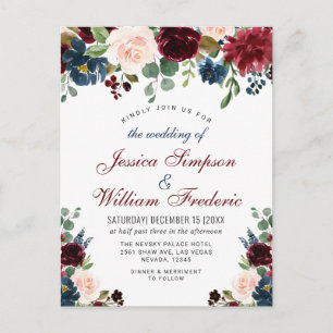 Bordeaux Navy Blush Bloemen Bruiloftsinvitatie Briefkaart