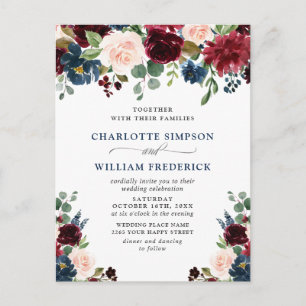 Bordeaux Navy Blush Bloemen Bruiloftsinvitatie Briefkaart