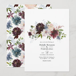 Bordeaux, Navy en Blush Bloemen Bruiloft Kaart