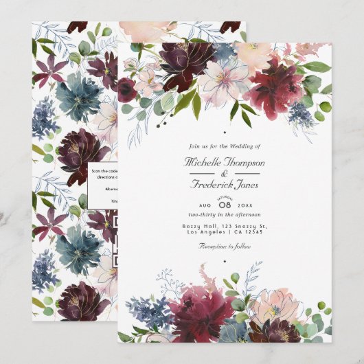 Bordeaux, Navy en Blush Bloemencode QR Wedding Kaart (Voorkant / Achterkant)