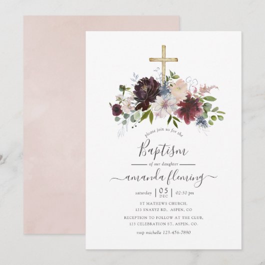 Bordeaux, Navy en Blush Bloemendoop Kaart (Voorkant / Achterkant)