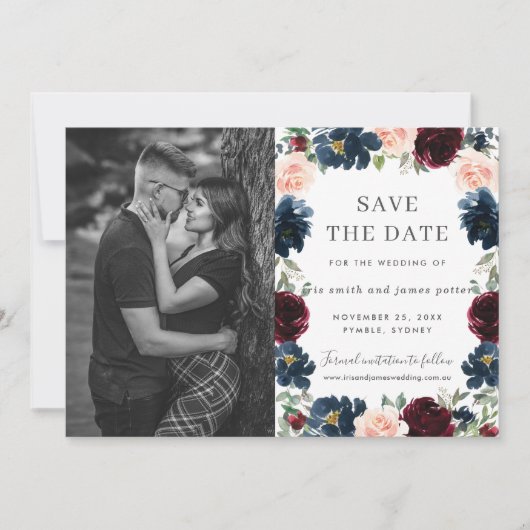 Bordeaux Navy Roze Bloem Foto Save the Date Kaart (Voorkant)