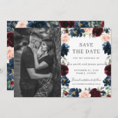 Bordeaux Navy Roze Bloem Foto Save the Date Kaart (Voorkant / Achterkant)