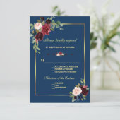 Bordeaux Navyblauw Bloem Gouden Bruiloft RSVP Kaartje (Staand voorkant)