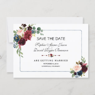Bordeaux Navyblauw Bloem Kader Save The Date