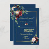 Bordeaux Navyblauw Bloemig Gouden Trouwen RSVP Kaartje (Voorkant / Achterkant)
