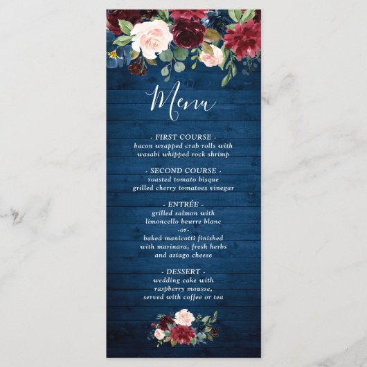 Bordeaux Navyblauw Blush Bloemen Bruiloft Menu (Voorkant)