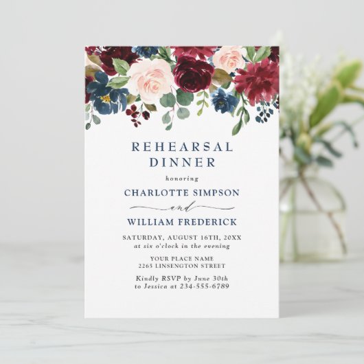 Bordeaux Navyblauw Blush Bloemen PROEFHuwelijk DIN Kaart (Staand voorkant)