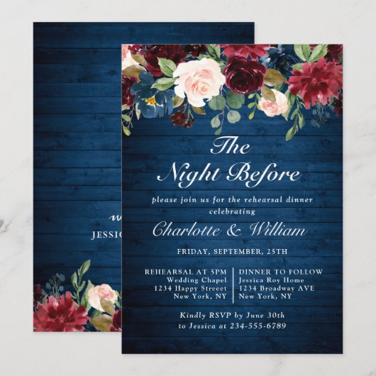 Bordeaux Navyblauw Blush Bloemen PROEFHuwelijk DIN Kaart (Voorkant / Achterkant)