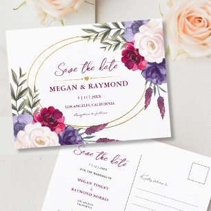 Bordeaux Navyblauw & Blush Pioen Geo Save the Date Briefkaart