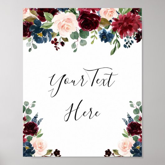 Bordeaux Navyblauw Blush Waterverf Bloemig Poster (Voorkant)