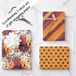Bordeaux Oranje Bloemgestreepte Stippen Inpakpapier Vel