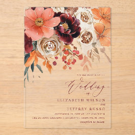 Bordeaux Oranje Bloemrijke Herfst Bruiloft Acryl Uitnodigingen