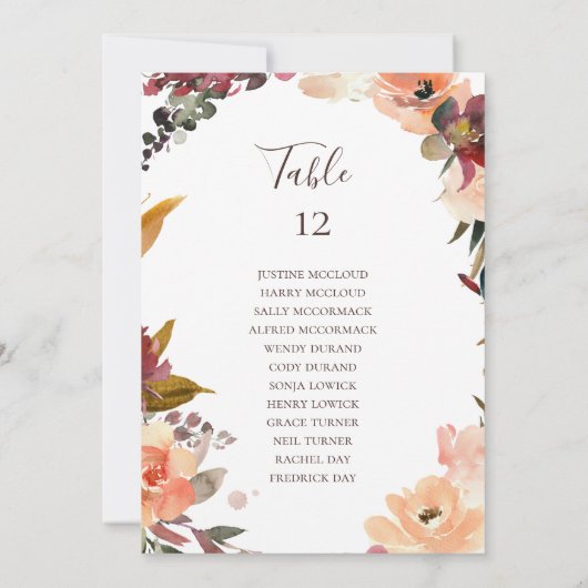 Bordeaux Oranje Bloemstuk Tafelnummer Zitplaatskaa (Achterkant)