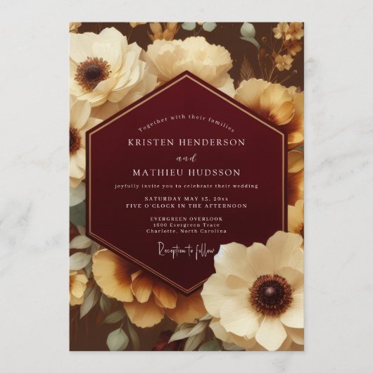 Bordeaux Ornate Botanical Wedding Kaart (Voorkant)