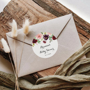 Bordeaux-paarse lente bloemige baby shower favorie ronde sticker
