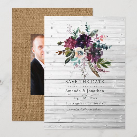 Bordeaux Paarse Pruimen Bloemrijke Rustieke Boheem Save The Date (Voorkant / Achterkant)