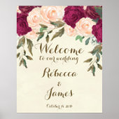 Bordeaux perzik bloem bruiloft welkom poster bord (Voorkant)