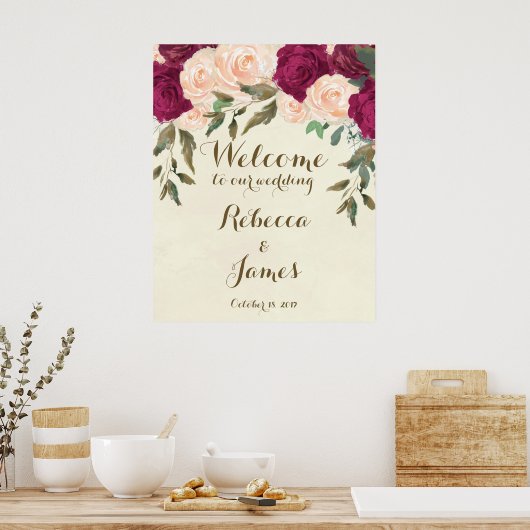 Bordeaux perzik bloem bruiloft welkom poster bord (Keuken)